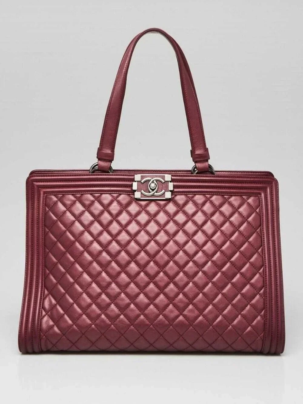 Chanel Metallic Burgundy Quilted Leather Large Boy Tote Bag - Picture 1 of 12